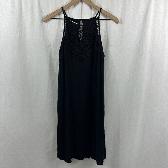Maurices Black Crochet Lace Halter Crinkle Tank Shift Dress Womens Size S - Picture 1 of 10